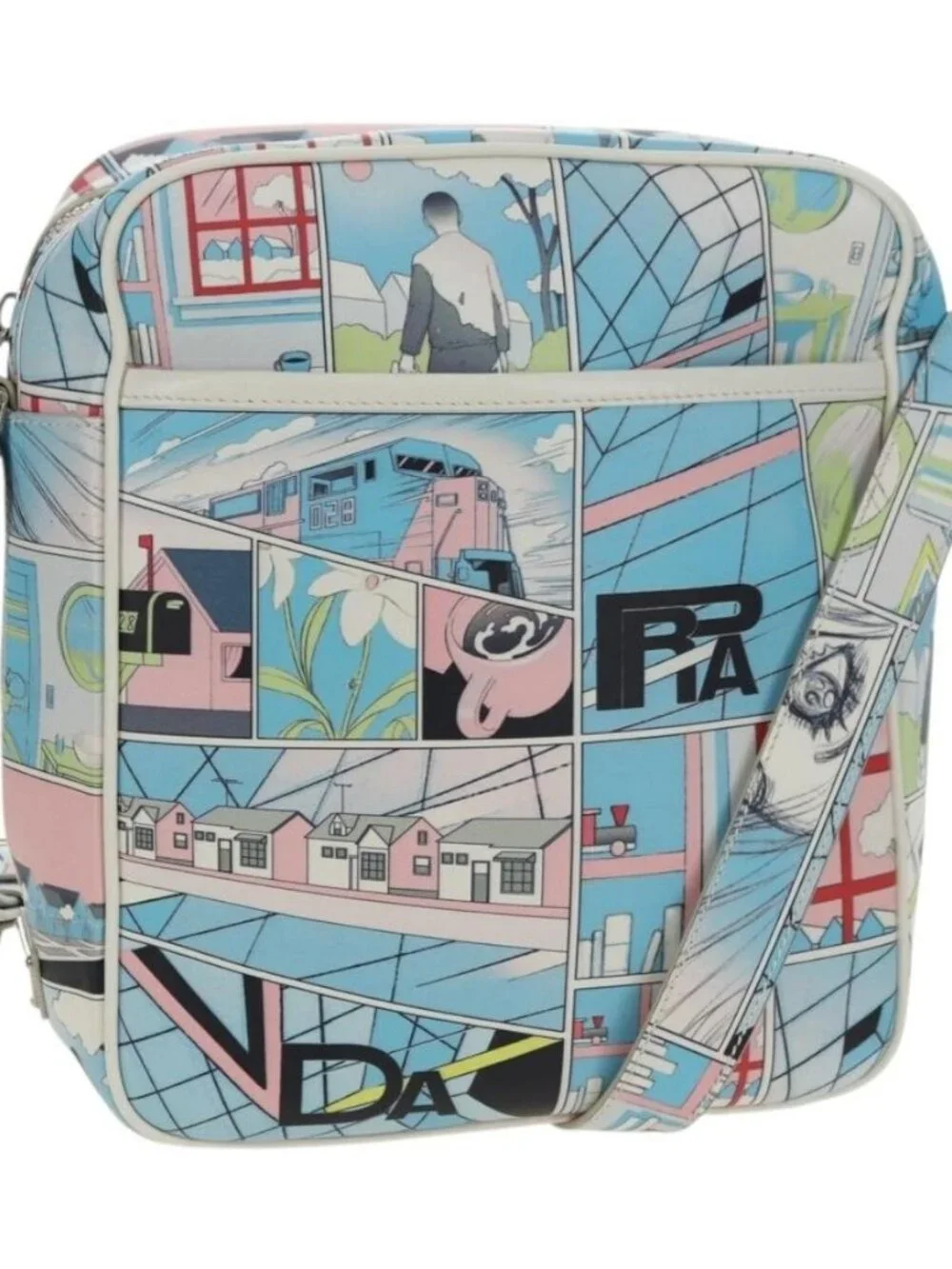 PRADA Comic Print Shoulder Bag Leather White Silver Auth